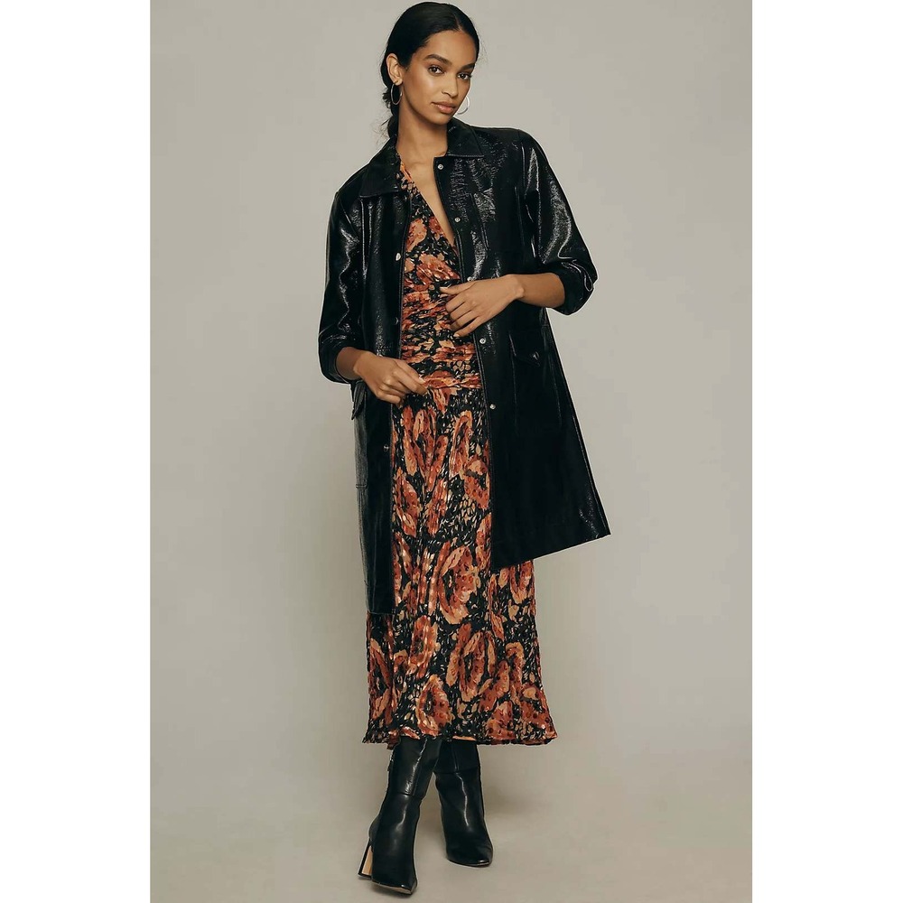 Maeve Anthropologie Crinkled Faux Leather Car Trench Coat Jacket Size S Black